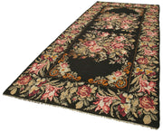 Moldovian Floral Siyah Çiçekli Pamuk Keçi Tüyü Yün El Dokuma Halısı 165x396 Agacan