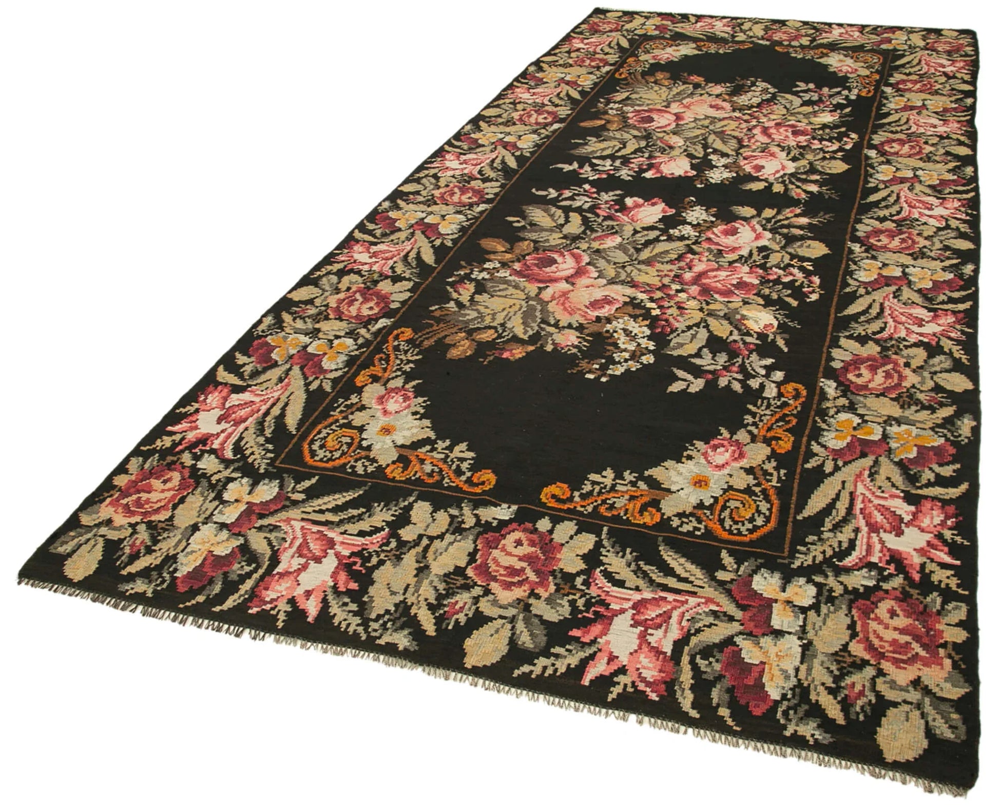 Moldovian Floral Siyah Çiçekli Pamuk Keçi Tüyü Yün El Dokuma Halısı 165x396 Agacan