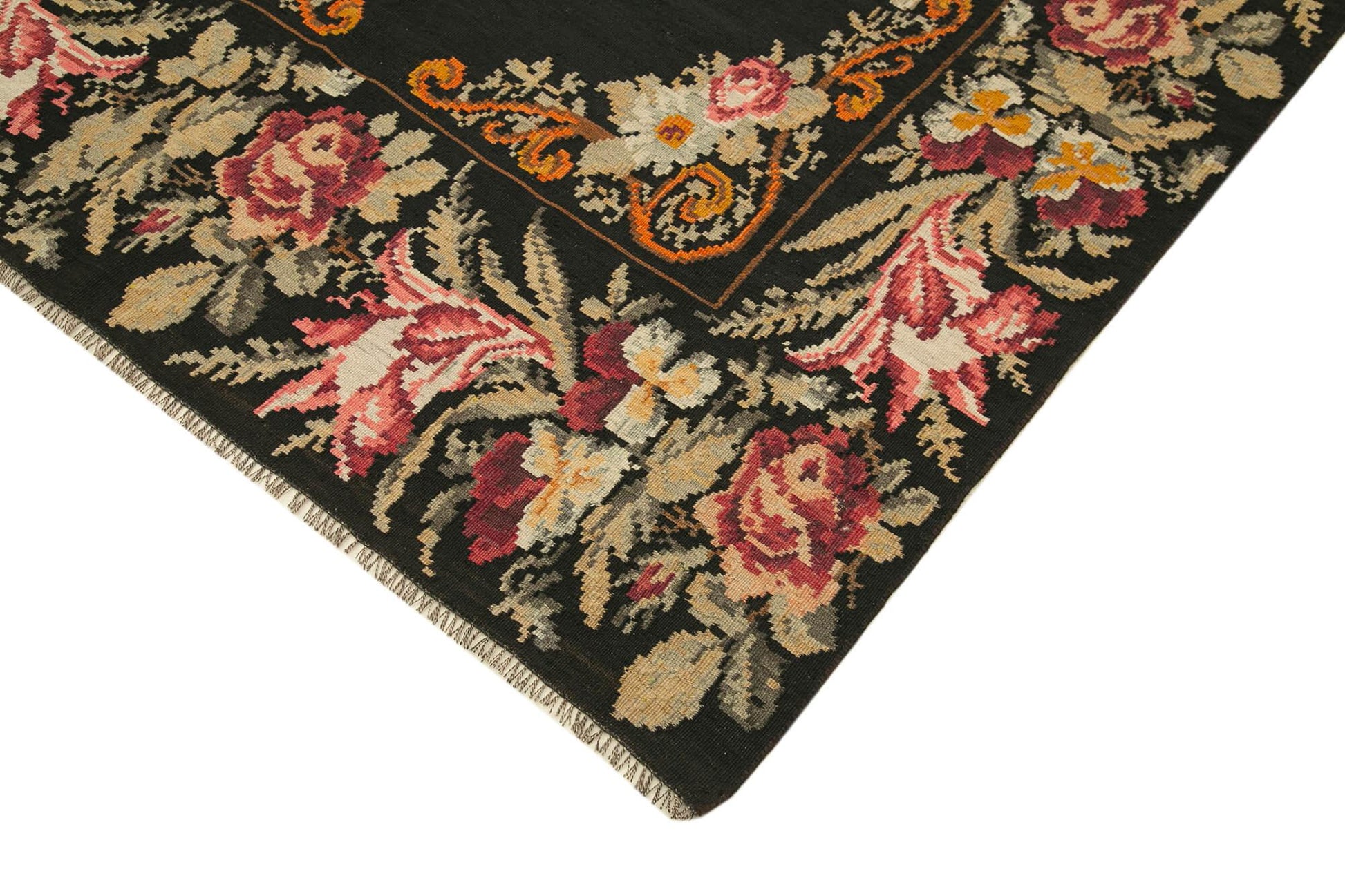 Moldovian Floral Siyah Çiçekli Pamuk Keçi Tüyü Yün El Dokuma Halısı 165x396 Agacan