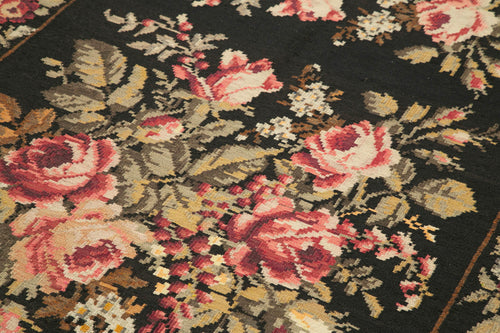 Moldovian Floral Siyah Çiçekli Pamuk Keçi Tüyü Yün El Dokuma Halısı 165x396 Agacan