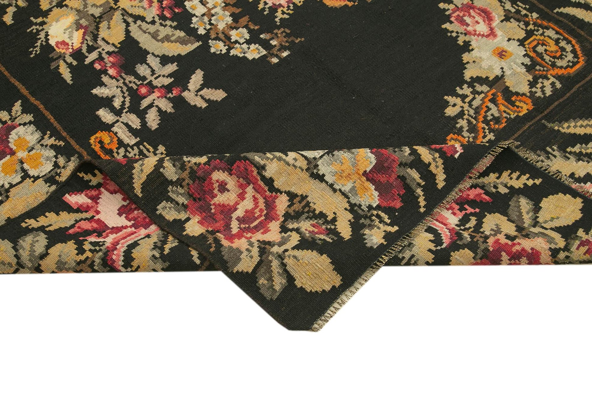 Moldovian Floral Siyah Çiçekli Pamuk Keçi Tüyü Yün El Dokuma Halısı 165x396 Agacan