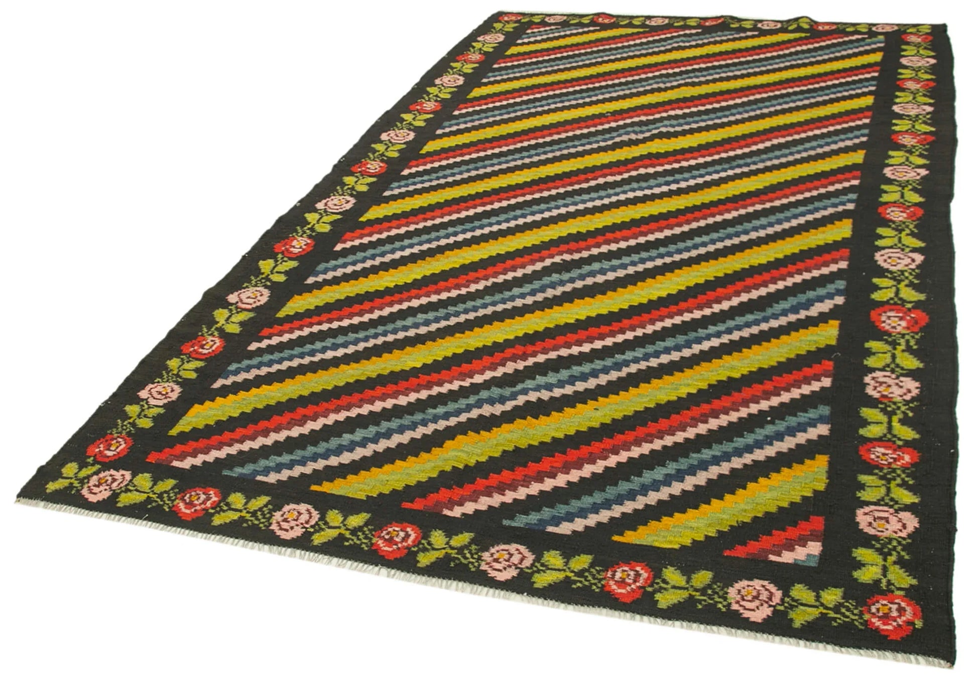 Moldovian Floral Siyah Çiçekli Pamuk Yün Keçi Tüyü El Dokuma Halısı 173x310 Agacan