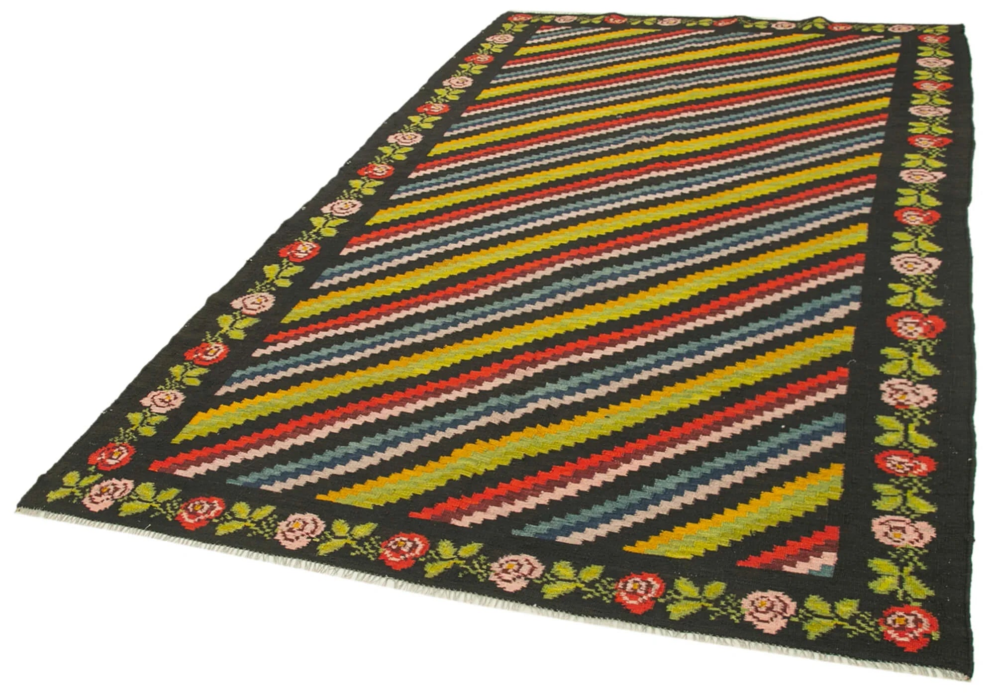 Moldovian Floral Siyah Çiçekli Pamuk Yün Keçi Tüyü El Dokuma Halısı 173x310 Agacan