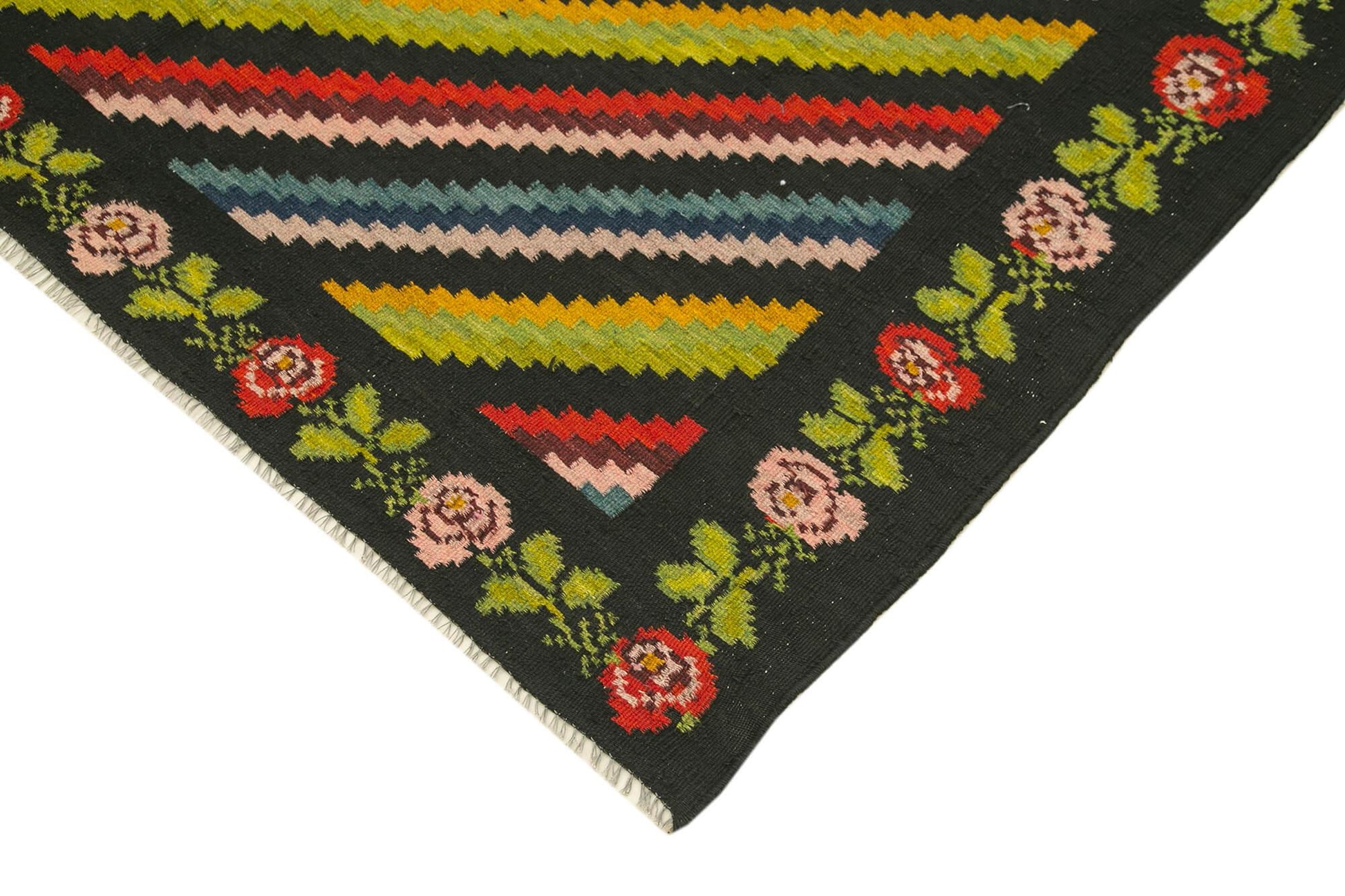 Moldovian Floral Siyah Çiçekli Pamuk Yün Keçi Tüyü El Dokuma Halısı 173x310 Agacan