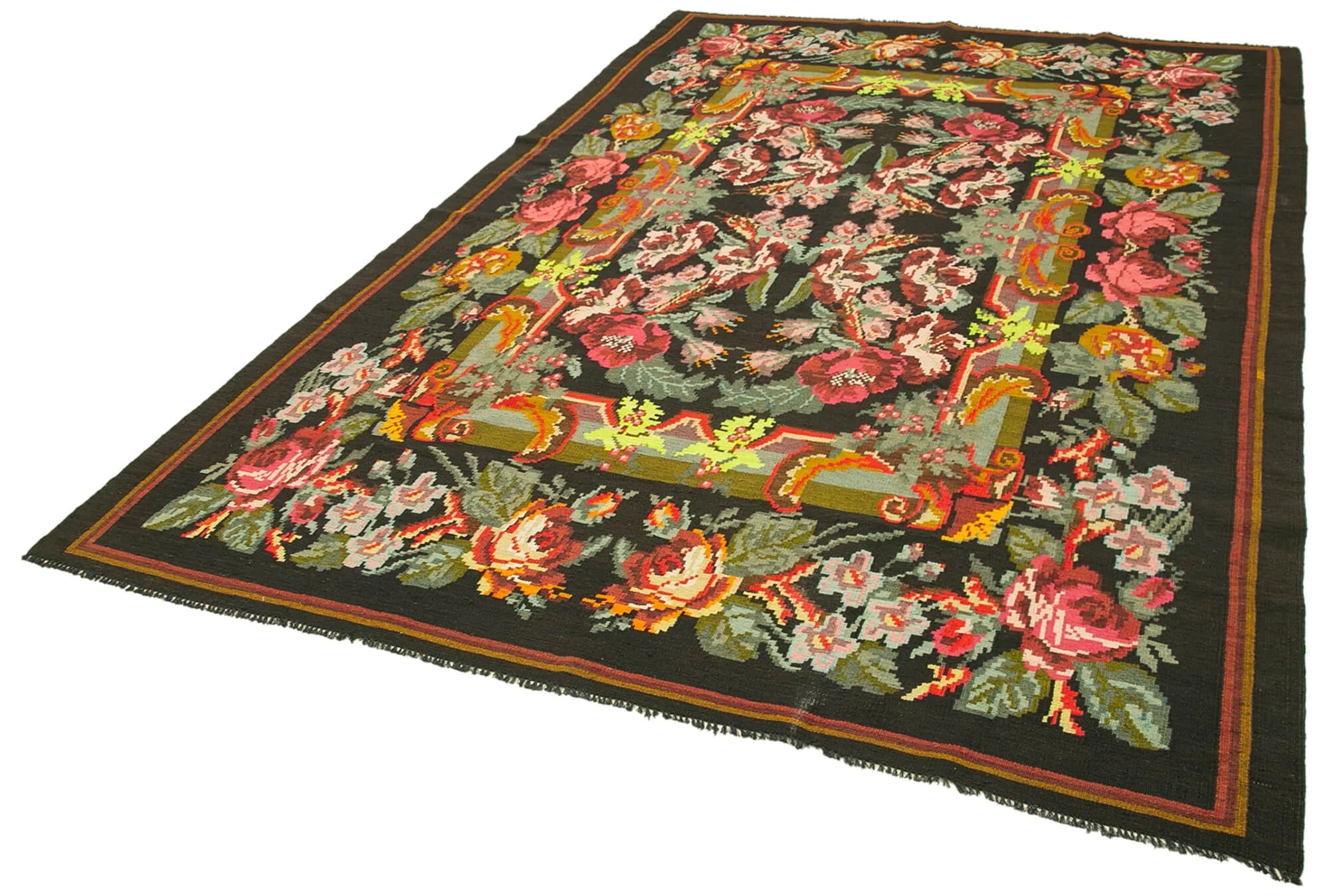Moldovian Floral Siyah Çiçekli Pamuk Yün Keçi Tüyü El Dokuma Halısı 218x338 Agacan