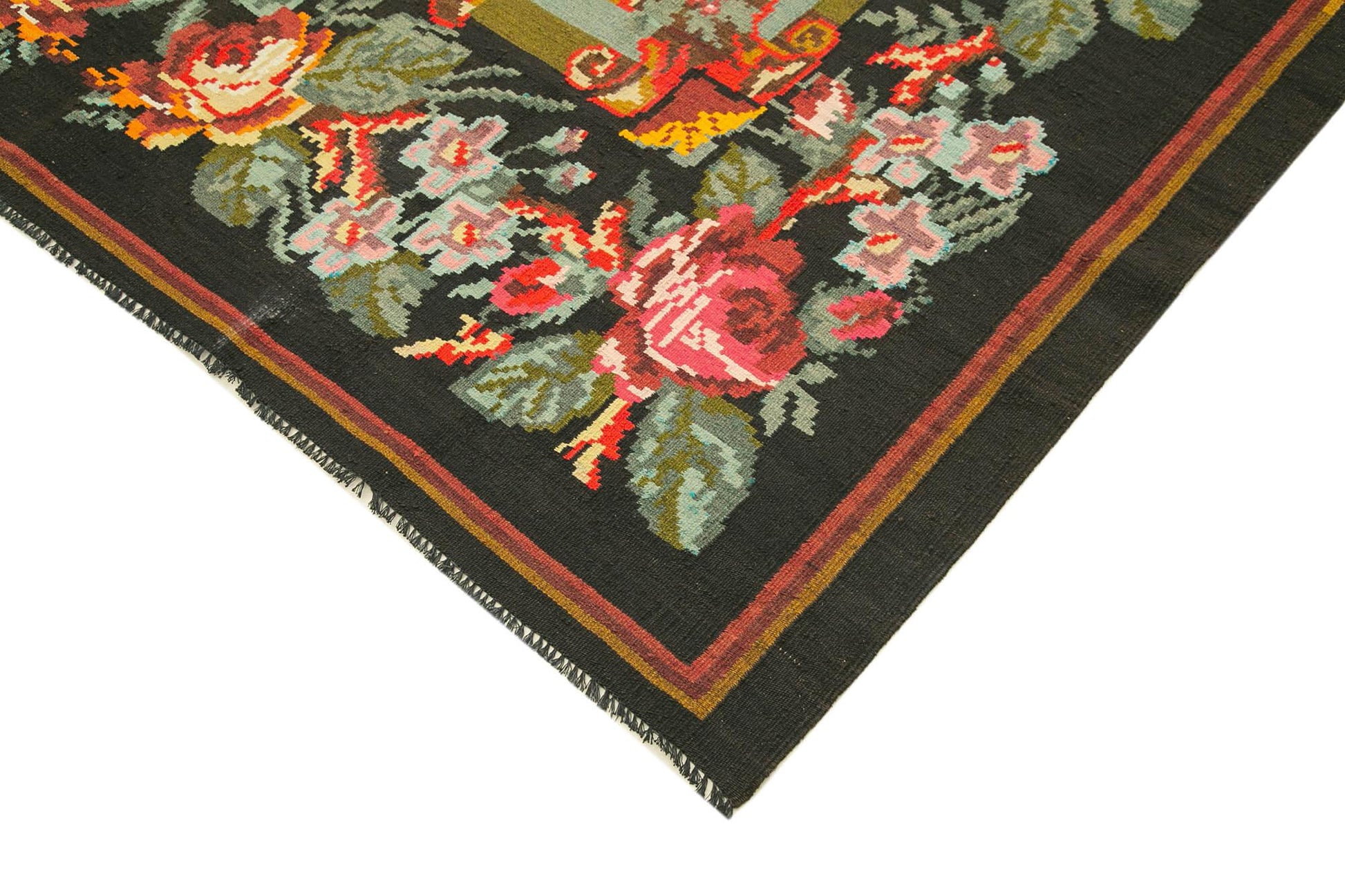 Moldovian Floral Siyah Çiçekli Pamuk Yün Keçi Tüyü El Dokuma Halısı 218x338 Agacan