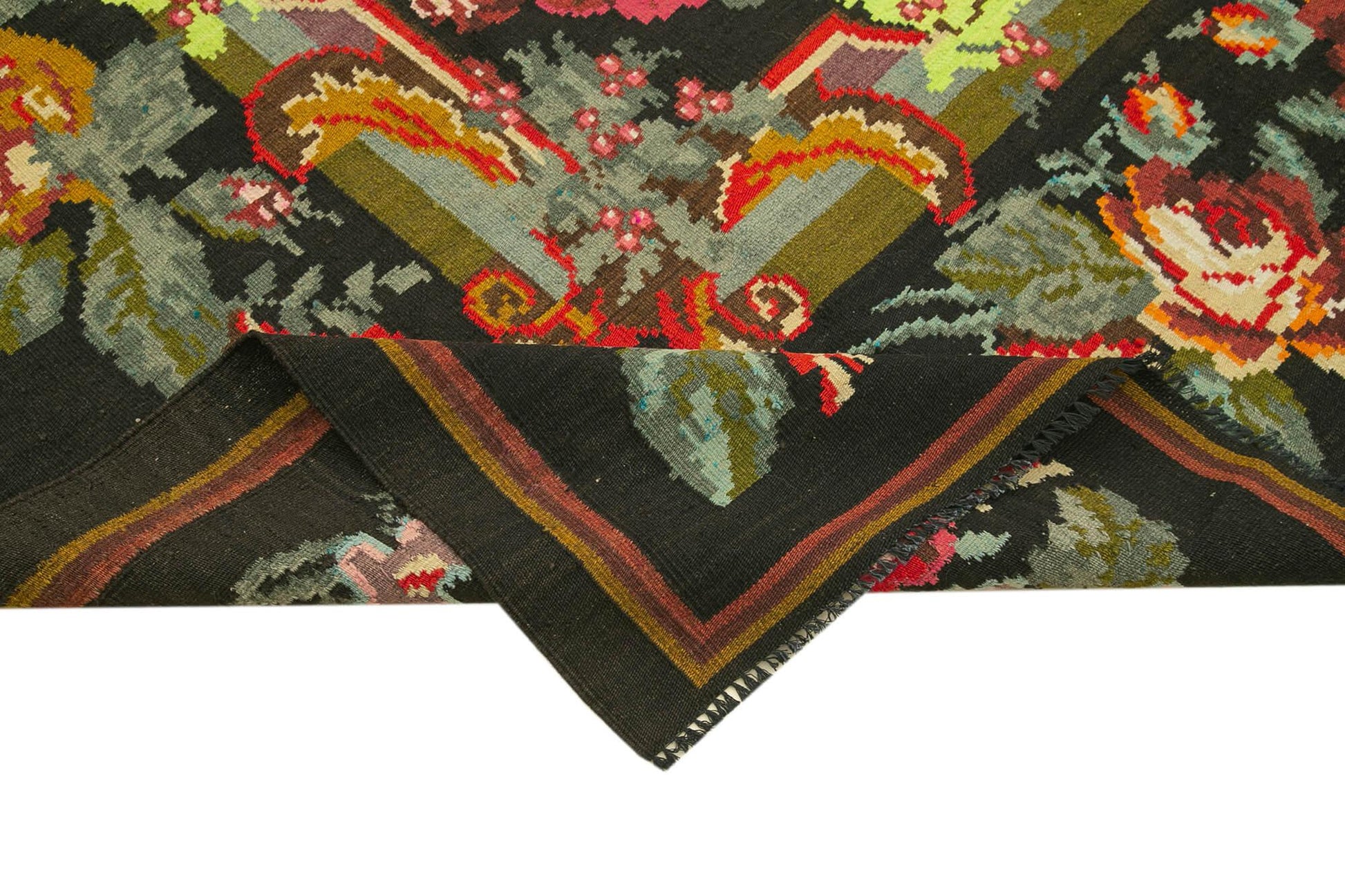 Moldovian Floral Siyah Çiçekli Pamuk Yün Keçi Tüyü El Dokuma Halısı 218x338 Agacan