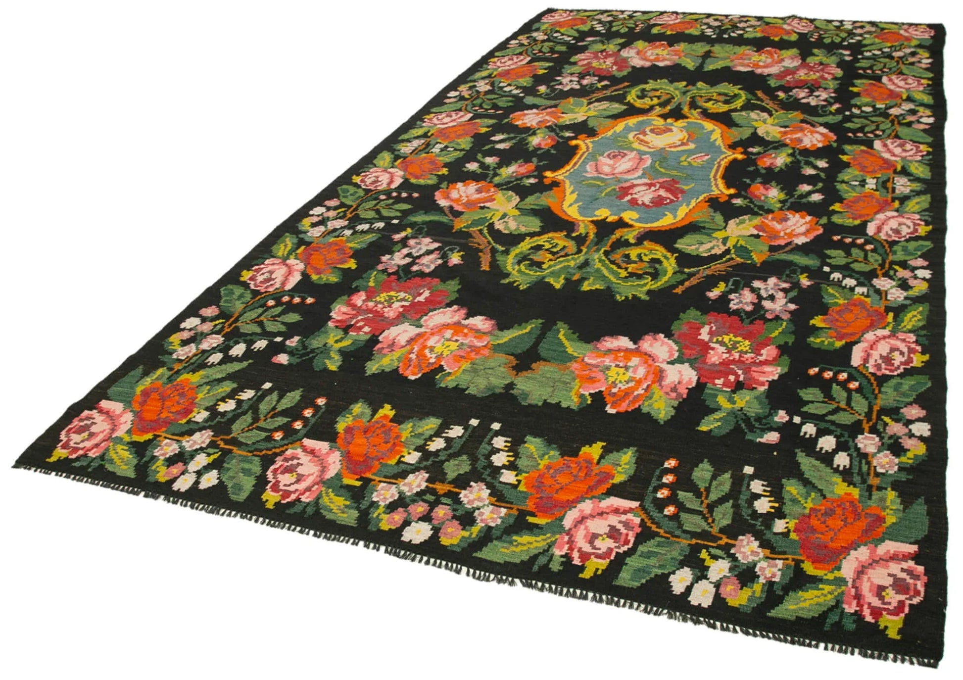 Moldovian Floral Siyah Çiçekli Pamuk Keçi Tüyü Yün El Dokuma Halısı 200x403 Agacan