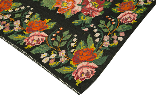 Moldovian Floral Siyah Çiçekli Pamuk Keçi Tüyü Yün El Dokuma Halısı 200x403 Agacan