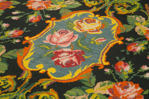 Moldovian Floral Siyah Çiçekli Pamuk Keçi Tüyü Yün El Dokuma Halısı 200x403 Agacan