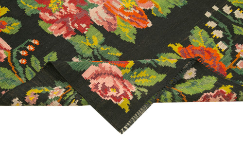 Moldovian Floral Siyah Çiçekli Pamuk Keçi Tüyü Yün El Dokuma Halısı 200x403 Agacan