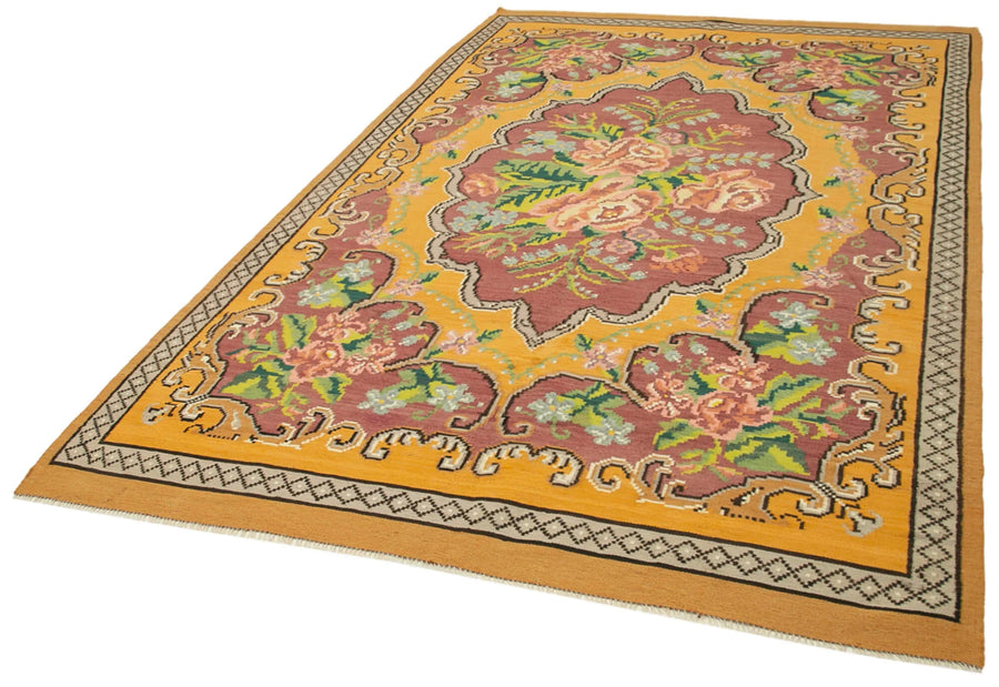 Moldovian Floral Sarı Çiçekli Pamuk Yün Keçi Tüyü El Dokuma Halısı 186x312 Agacan