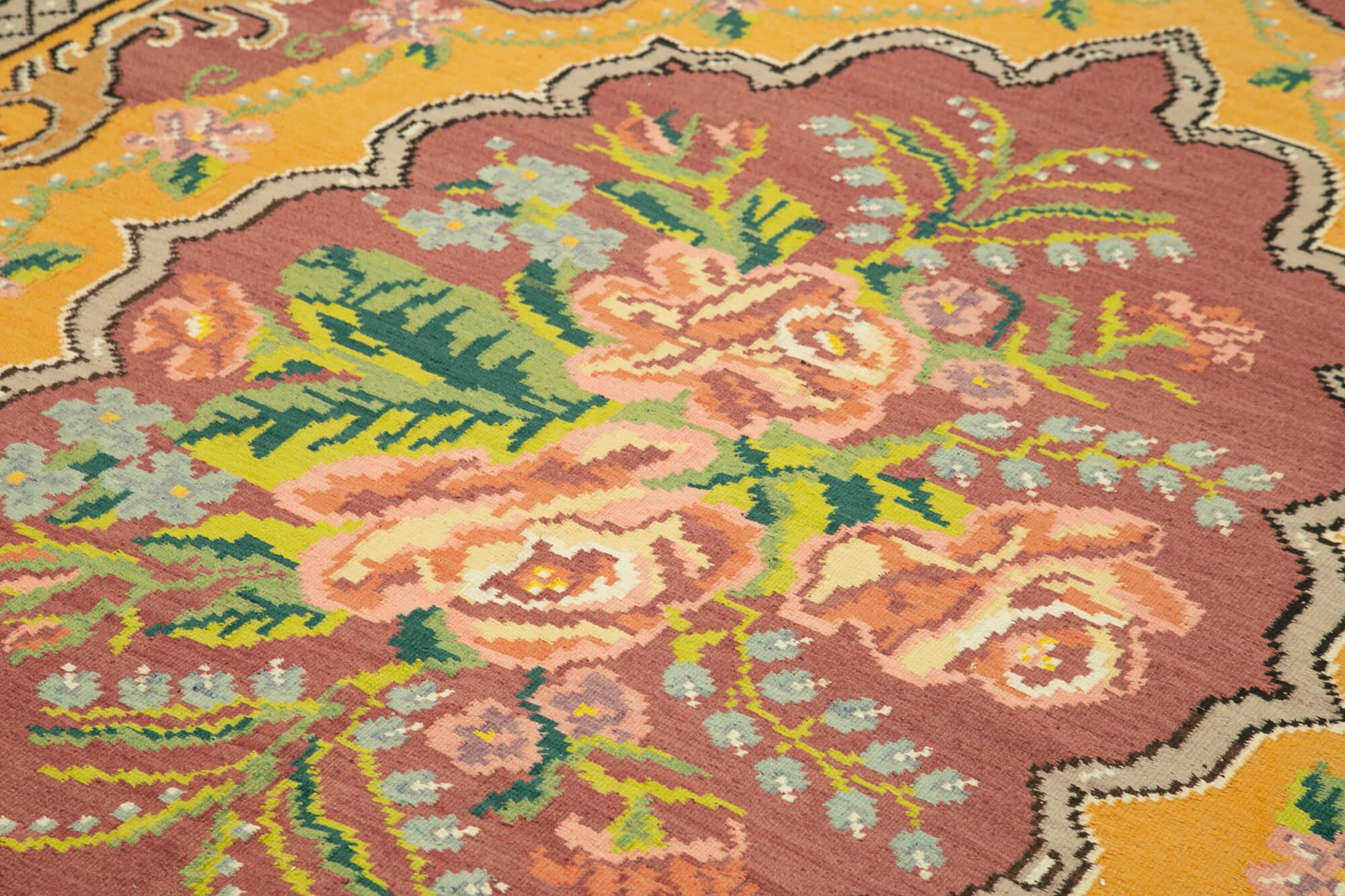 Moldovian Floral Sarı Çiçekli Pamuk Yün Keçi Tüyü El Dokuma Halısı 186x312 Agacan