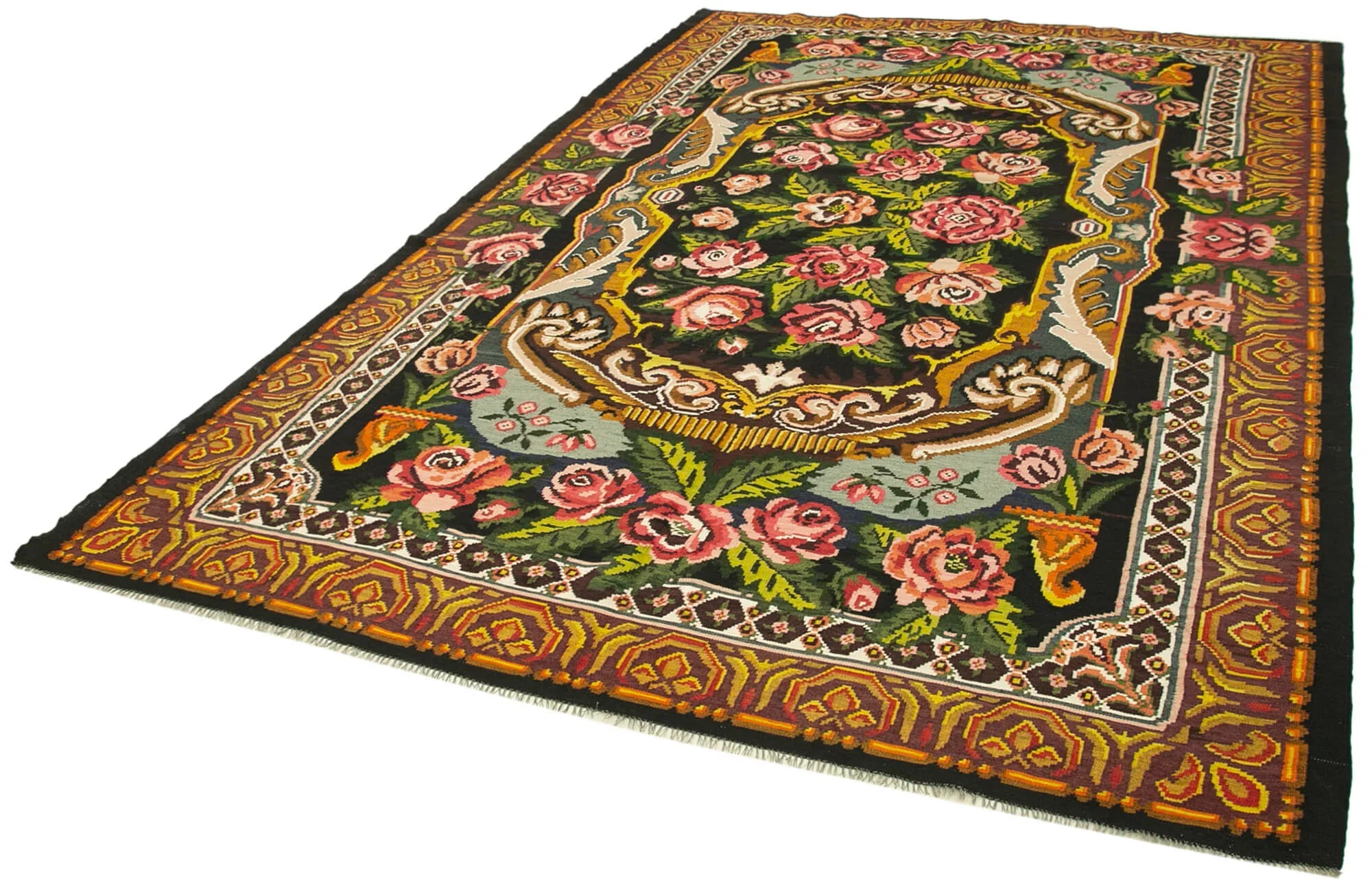Moldovian Floral Siyah Çiçekli Pamuk Yün Keçi Tüyü El Dokuma Halısı 223x360 Agacan