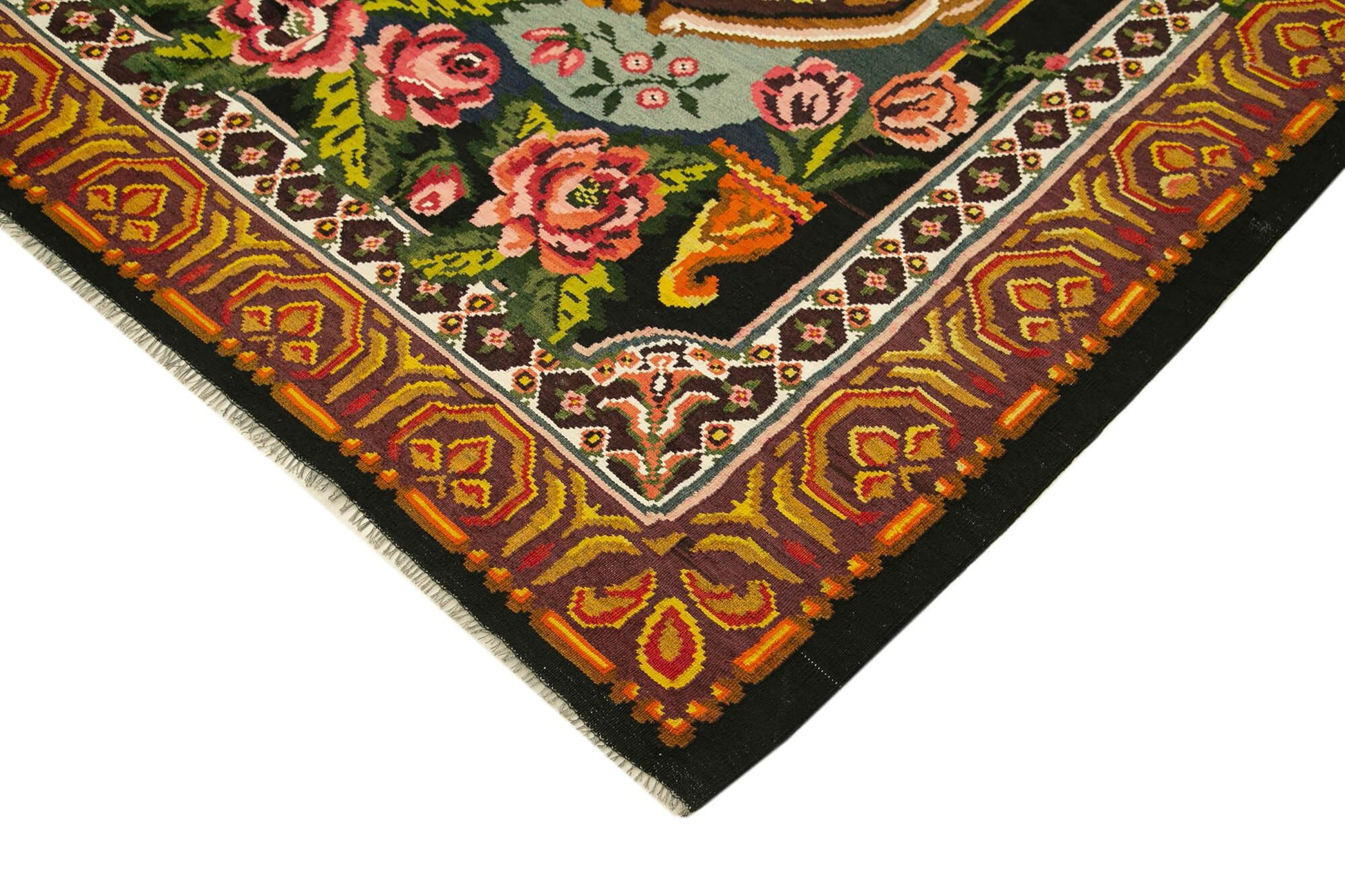 Moldovian Floral Siyah Çiçekli Pamuk Yün Keçi Tüyü El Dokuma Halısı 223x360 Agacan