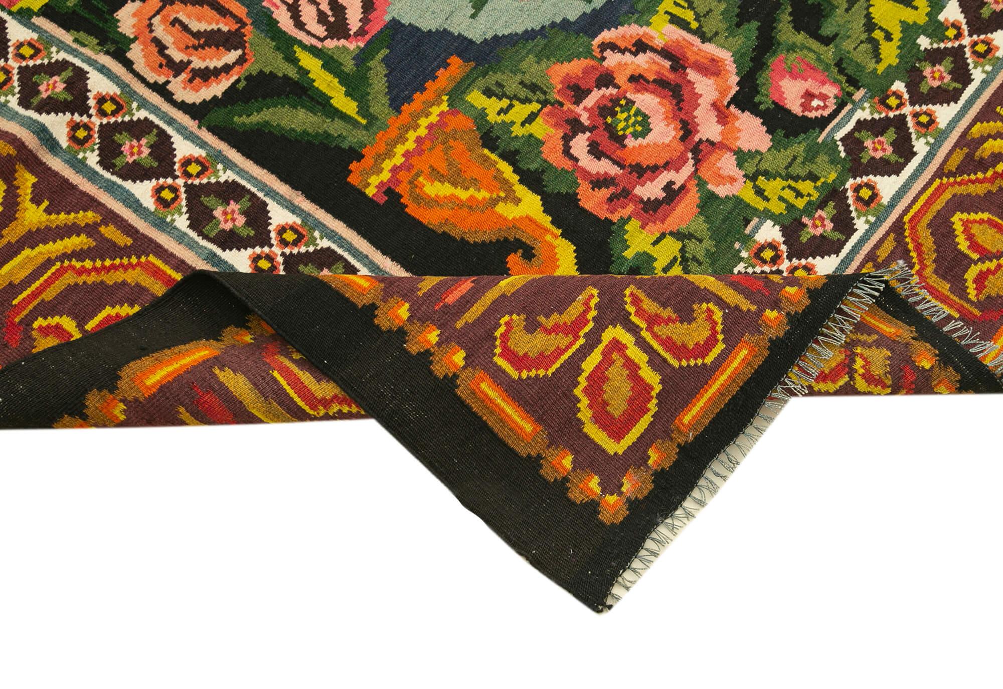 Moldovian Floral Siyah Çiçekli Pamuk Yün Keçi Tüyü El Dokuma Halısı 223x360 Agacan