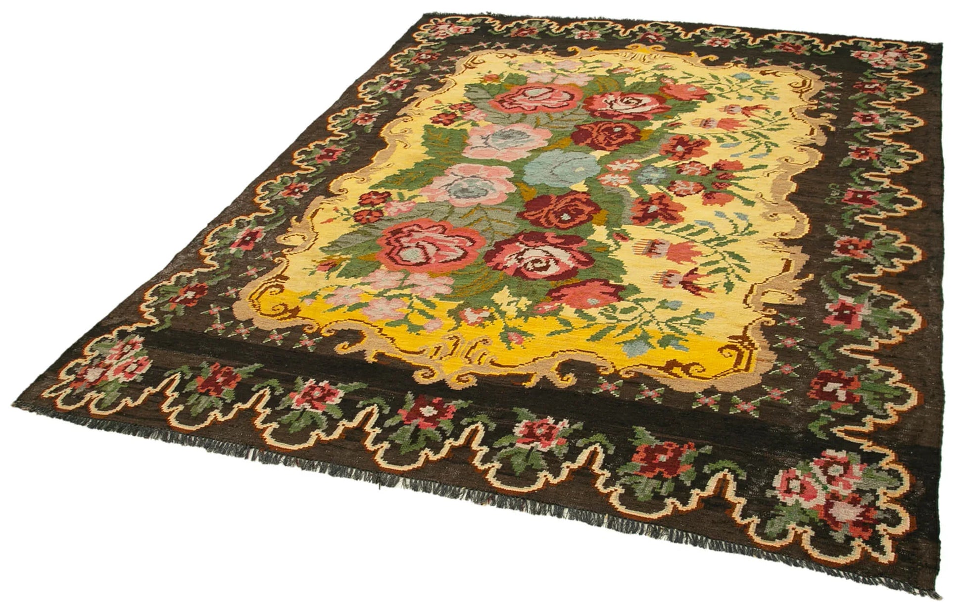 Moldovian Floral Kahverengi Çiçekli Pamuk Yün Keçi Tüyü El Dokuma Halısı 200x246 Agacan