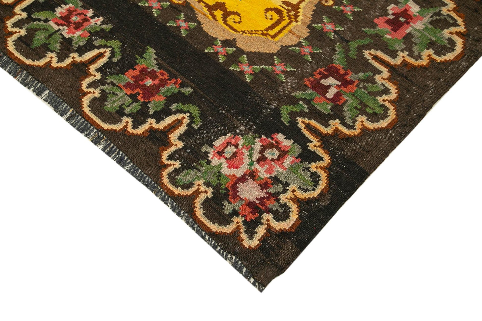 Moldovian Floral Kahverengi Çiçekli Pamuk Yün Keçi Tüyü El Dokuma Halısı 200x246 Agacan