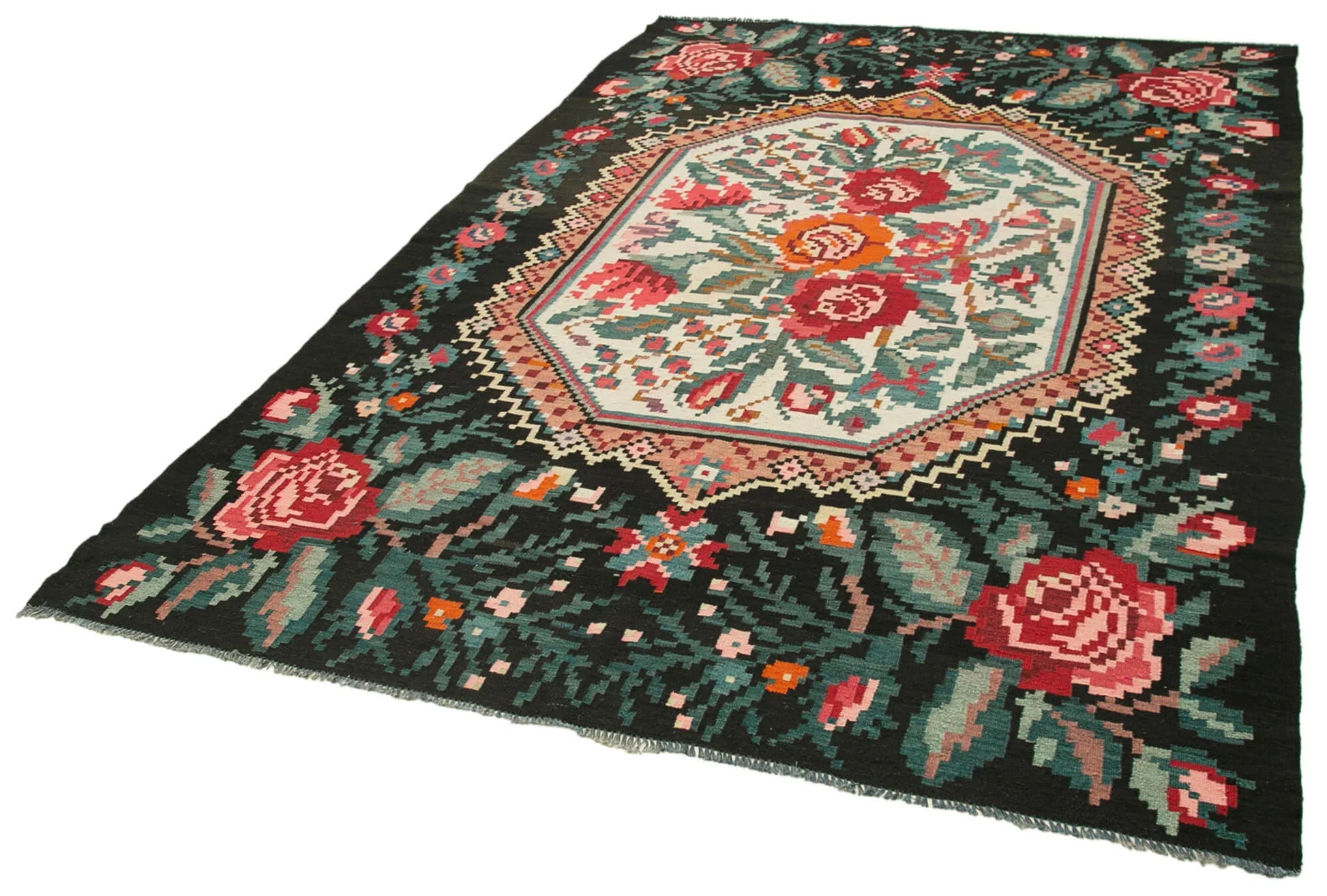 Moldovian Floral Siyah Çiçekli Pamuk Yün Keçi Tüyü El Dokuma Halısı 187x278 Agacan