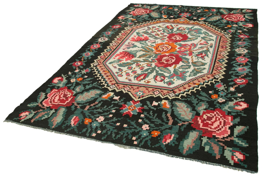 Moldovian Floral Siyah Çiçekli Pamuk Yün Keçi Tüyü El Dokuma Halısı 187x278 Agacan