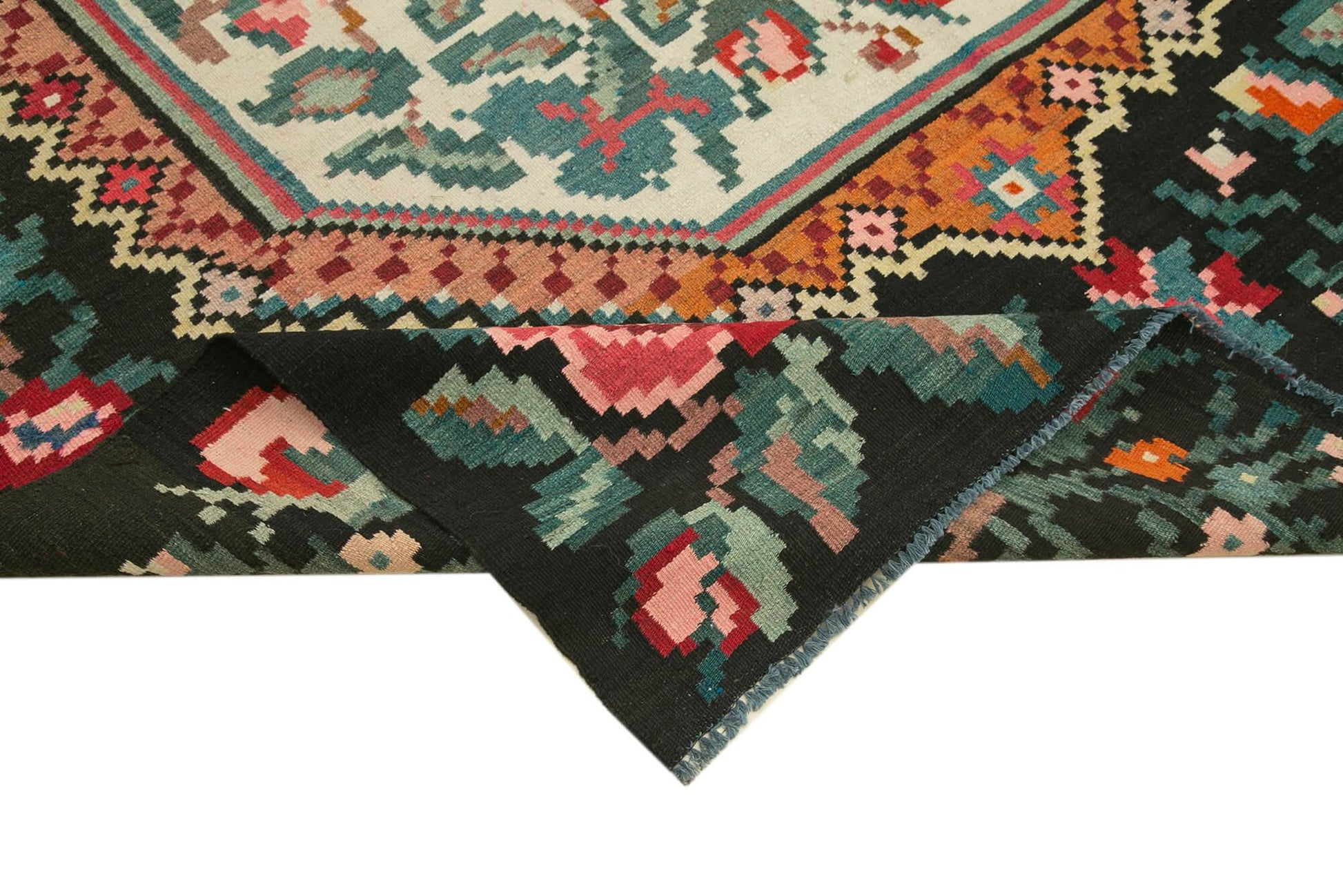 Moldovian Floral Siyah Çiçekli Pamuk Yün Keçi Tüyü El Dokuma Halısı 187x278 Agacan