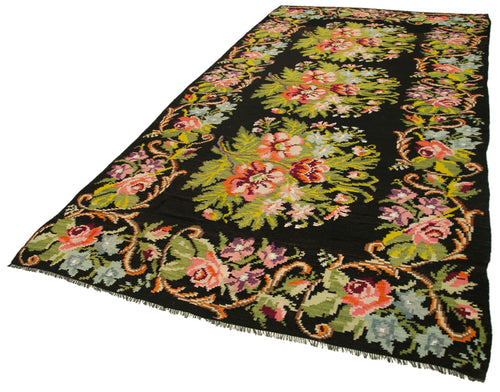 Moldovian Floral Siyah Çiçekli Pamuk Keçi Tüyü Yün El Dokuma Halısı 193x403 Agacan