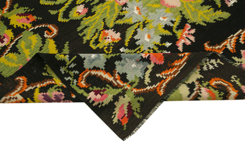 Moldovian Floral Siyah Çiçekli Pamuk Keçi Tüyü Yün El Dokuma Halısı 193x403 Agacan