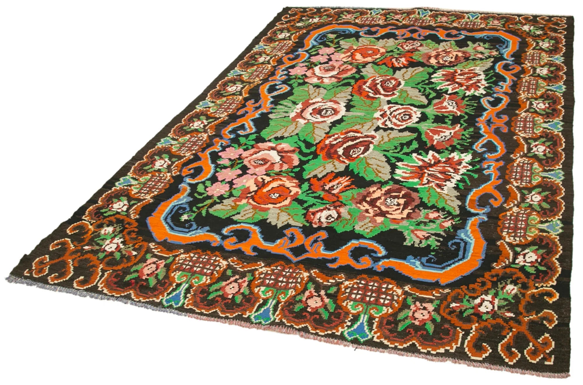 Moldovian Floral Siyah Çiçekli Pamuk Yün Keçi Tüyü El Dokuma Halısı 197x274 Agacan