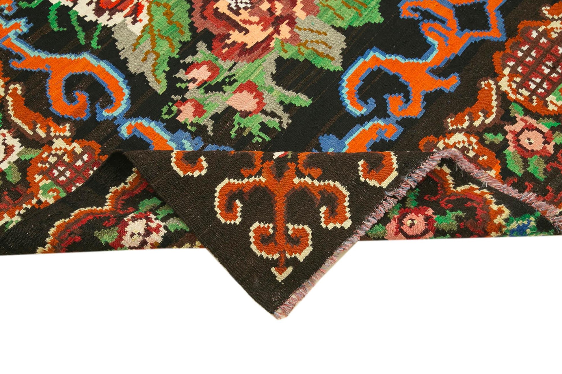 Moldovian Floral Siyah Çiçekli Pamuk Yün Keçi Tüyü El Dokuma Halısı 197x274 Agacan