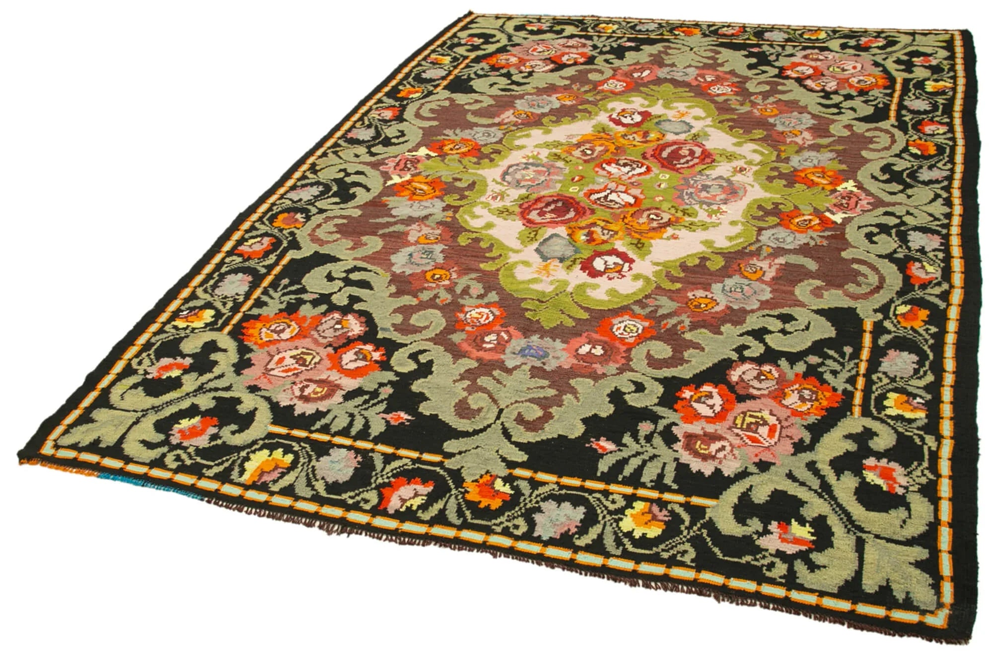 Moldovian Floral Siyah Çiçekli Pamuk Yün Keçi Tüyü El Dokuma Halısı 200x304 Agacan