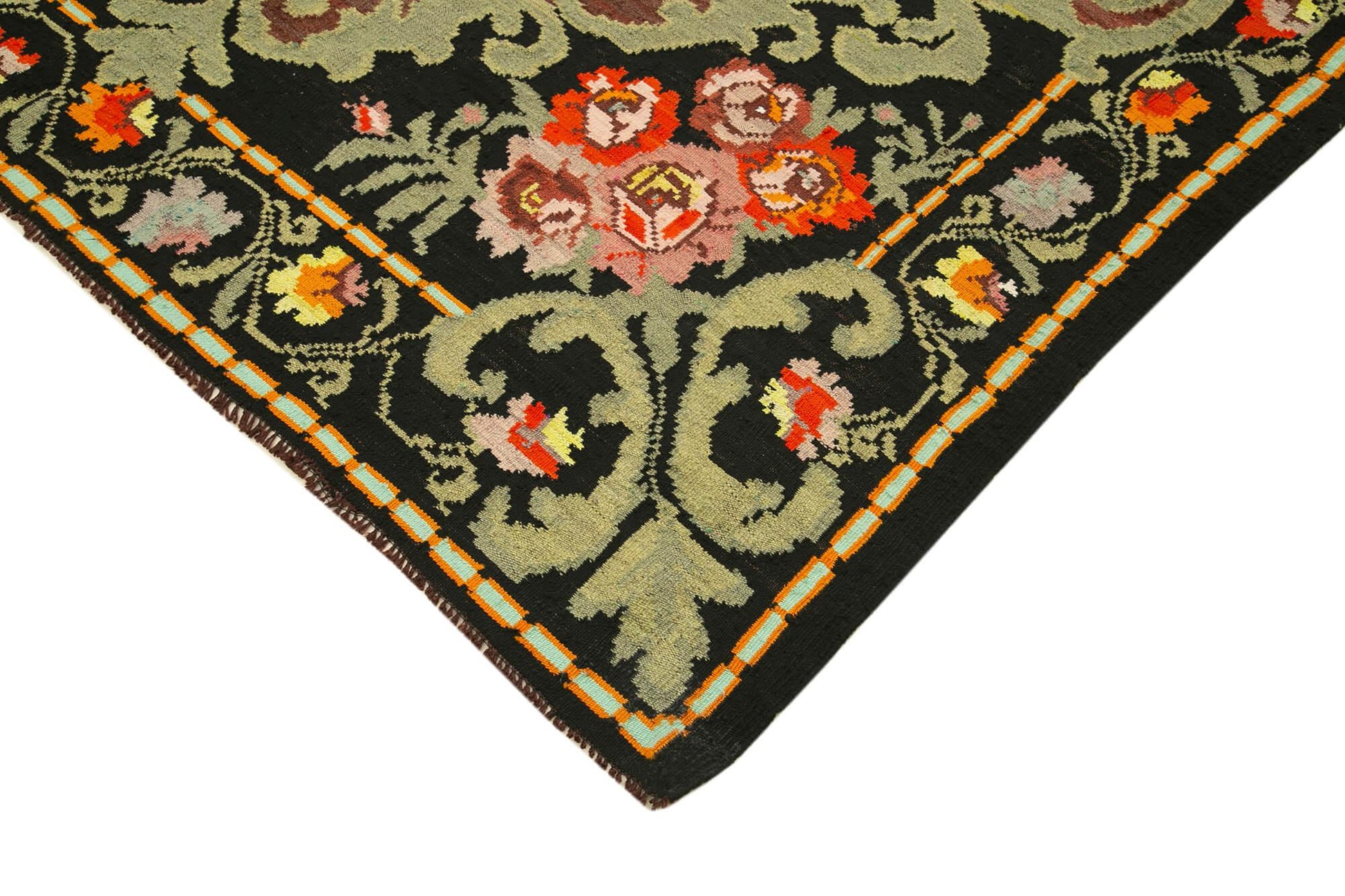 Moldovian Floral Siyah Çiçekli Pamuk Yün Keçi Tüyü El Dokuma Halısı 200x304 Agacan