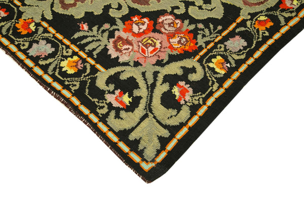 Moldovian Floral Siyah Çiçekli Pamuk Yün Keçi Tüyü El Dokuma Halısı 200x304 Agacan