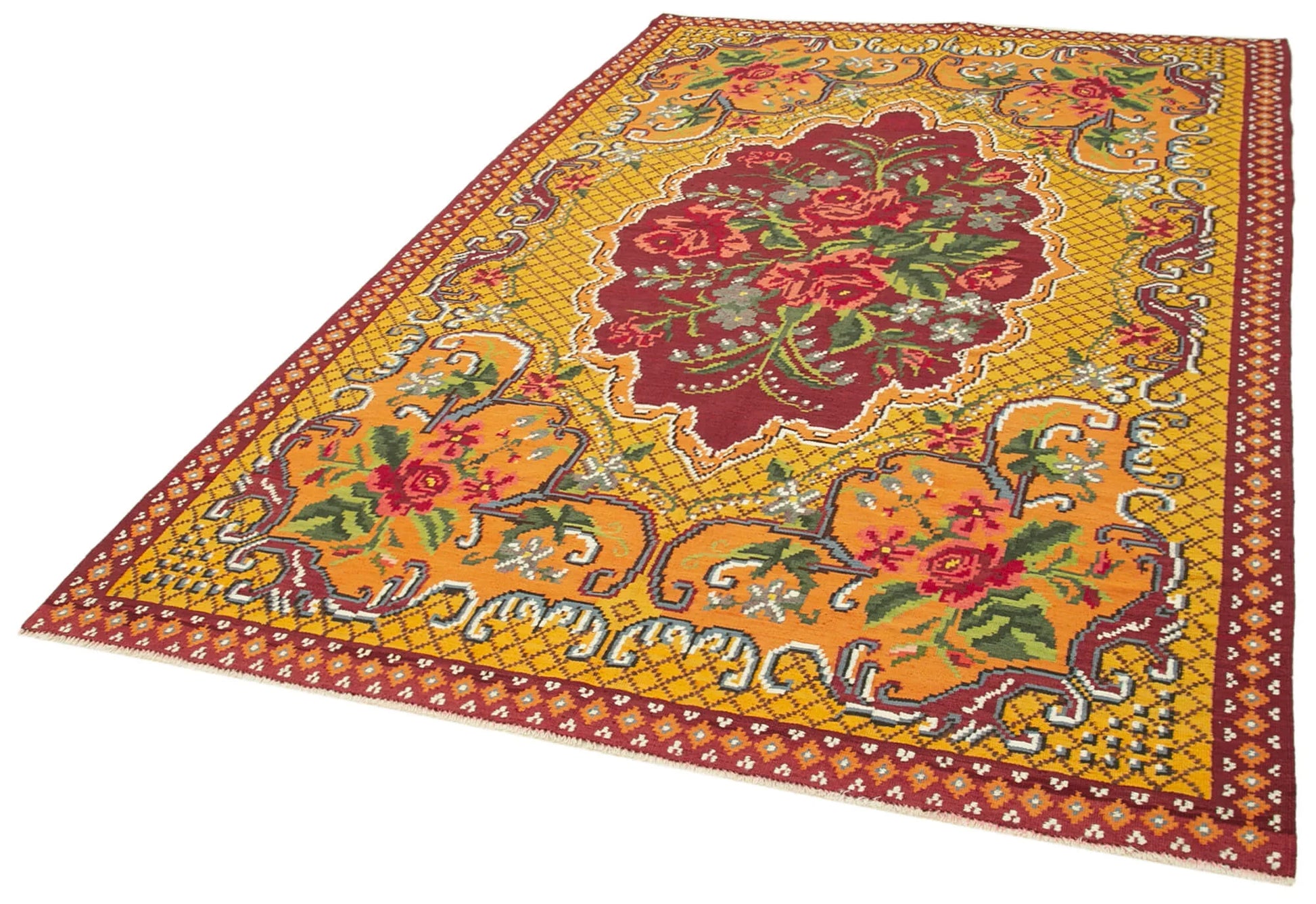 Moldovian Floral Sarı Çiçekli Pamuk Yün Keçi Tüyü El Dokuma Halısı 188x292 Agacan