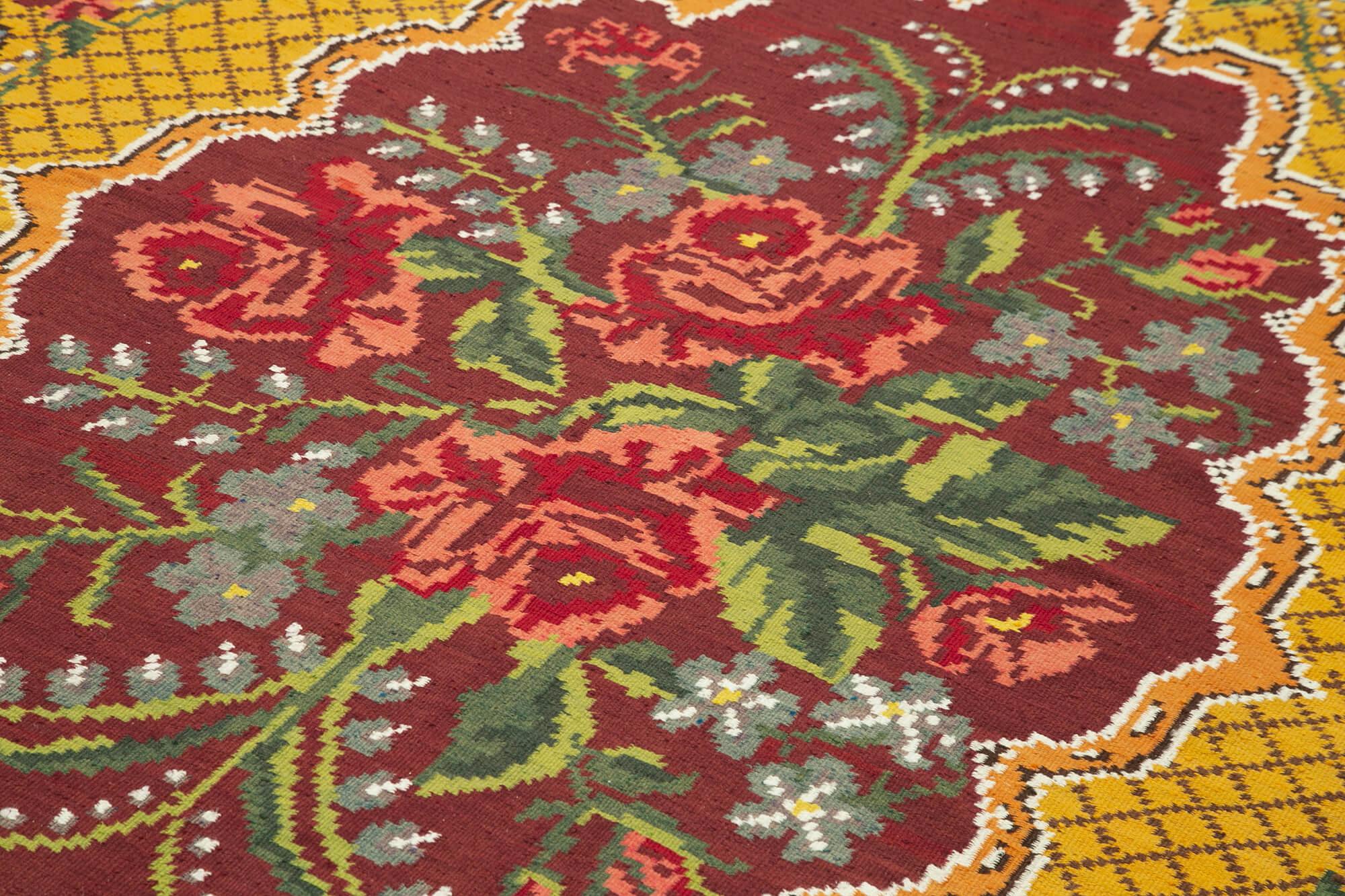 Moldovian Floral Sarı Çiçekli Pamuk Yün Keçi Tüyü El Dokuma Halısı 188x292 Agacan