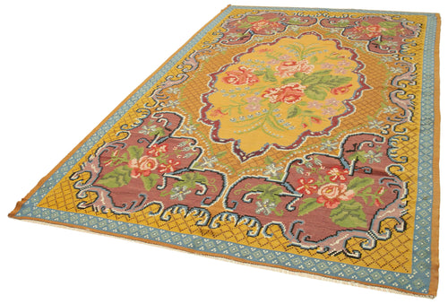 Moldovian Floral Sarı Çiçekli Pamuk Yün Keçi Tüyü El Dokuma Halısı 192x310 Agacan