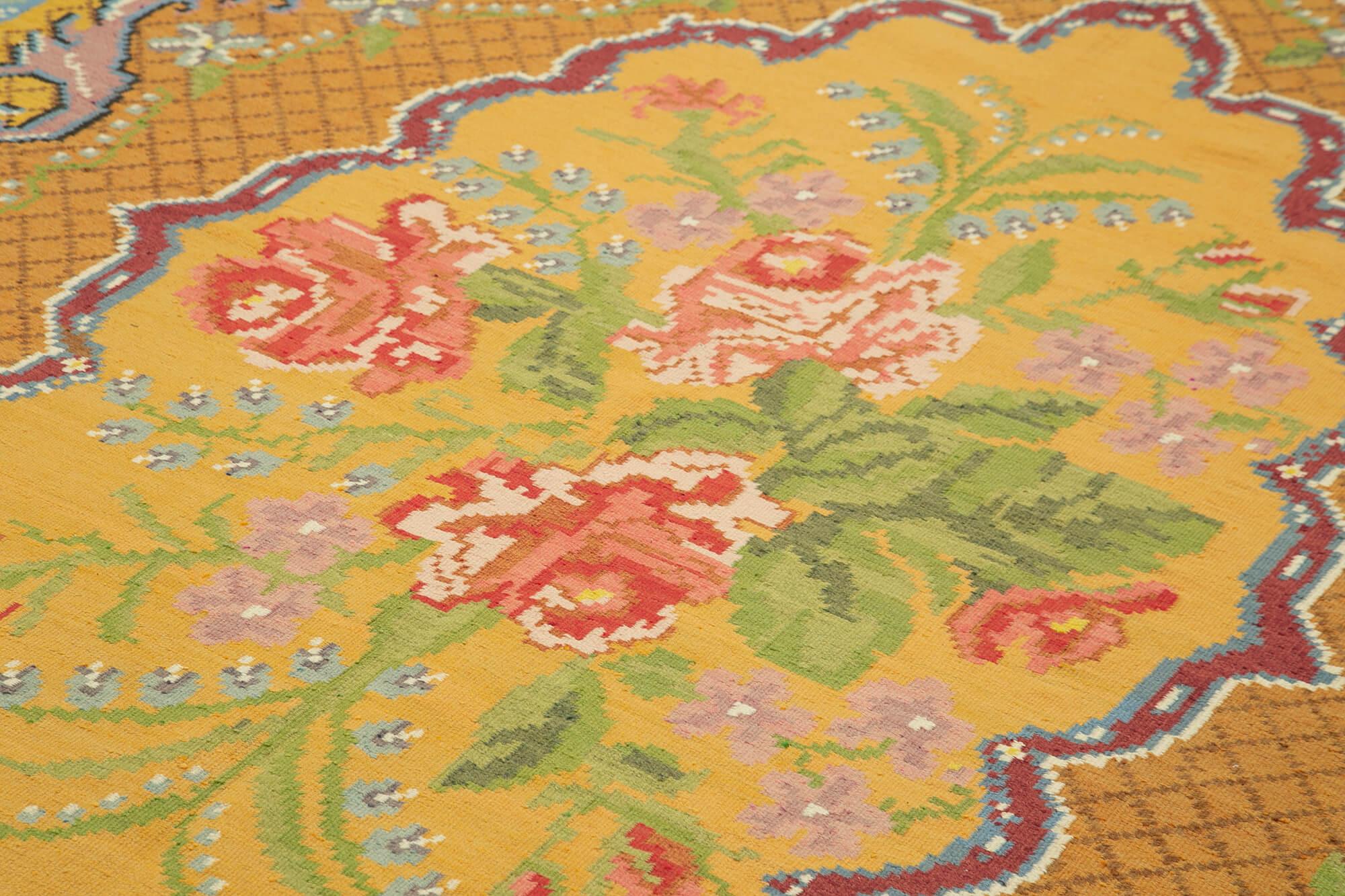 Moldovian Floral Sarı Çiçekli Pamuk Yün Keçi Tüyü El Dokuma Halısı 192x310 Agacan