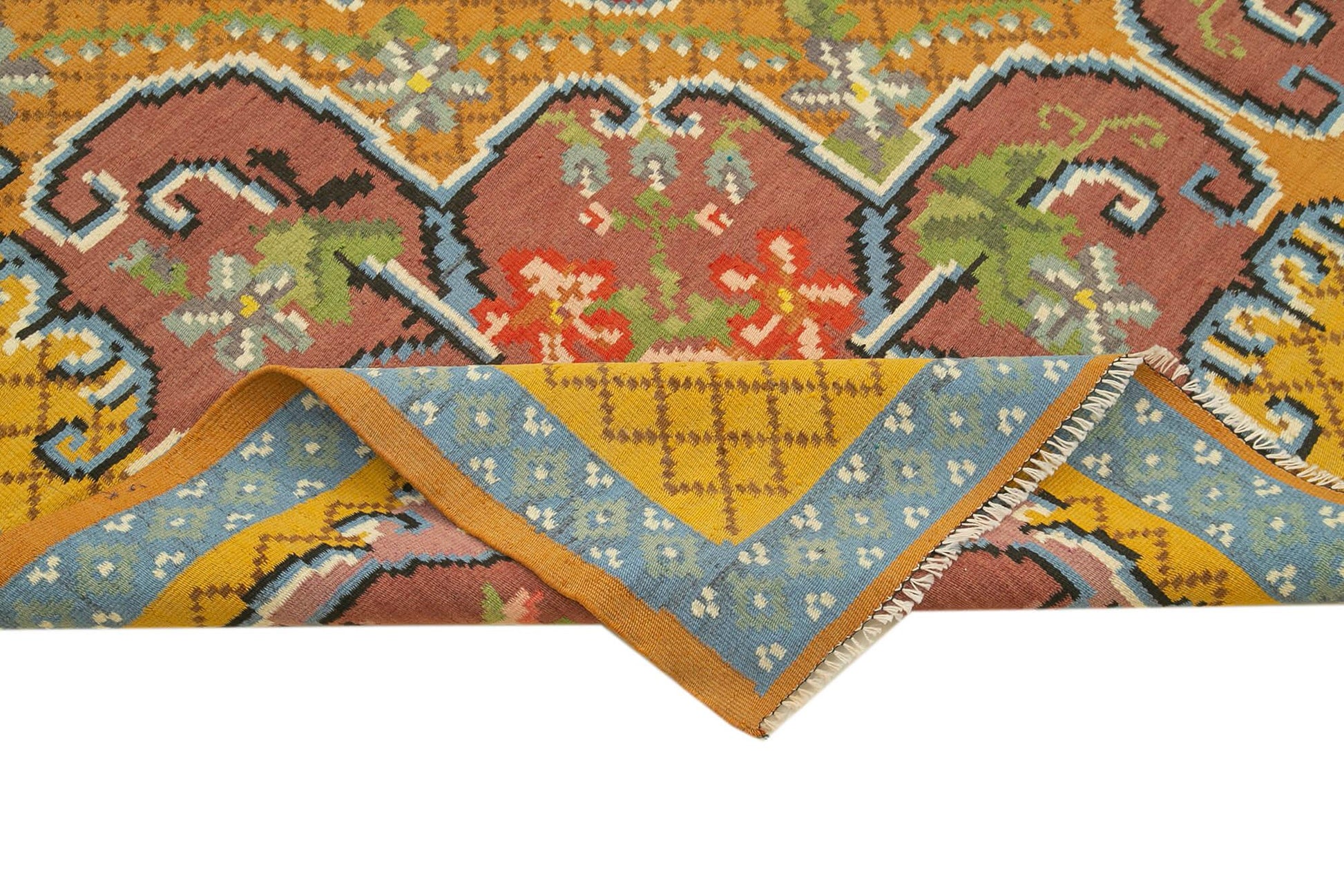 Moldovian Floral Sarı Çiçekli Pamuk Yün Keçi Tüyü El Dokuma Halısı 192x310 Agacan