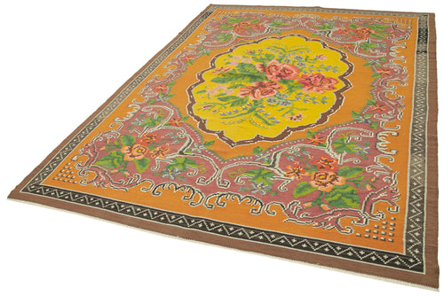Moldovian Floral Sarı Çiçekli Pamuk Yün Keçi Tüyü El Dokuma Halısı 200x285 Agacan
