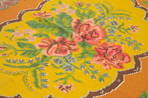 Moldovian Floral Sarı Çiçekli Pamuk Yün Keçi Tüyü El Dokuma Halısı 200x285 Agacan