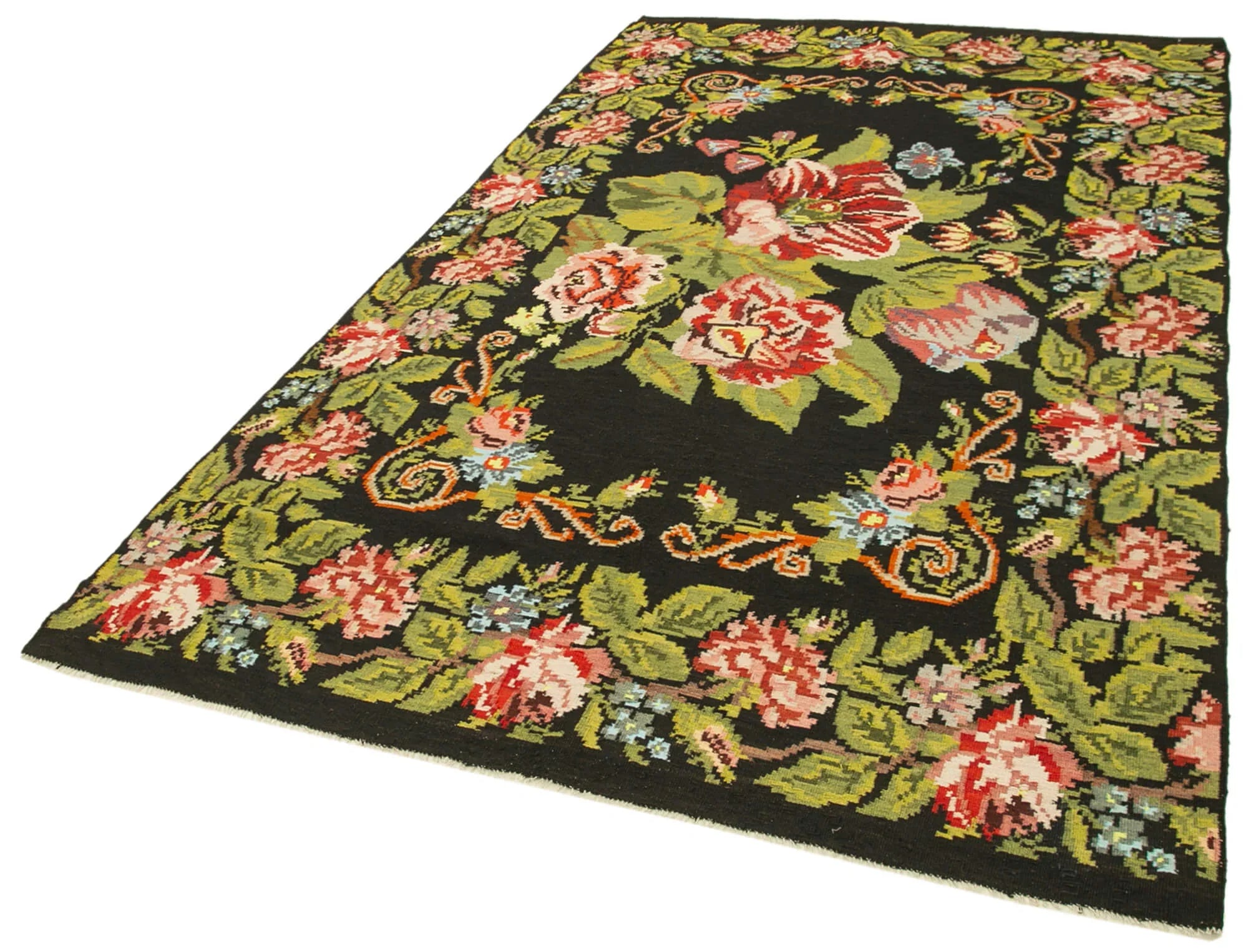 Moldovian Floral Siyah Çiçekli Pamuk Yün Keçi Tüyü El Dokuma Halısı 173x310 Agacan