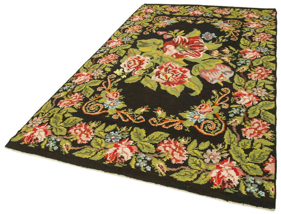 Moldovian Floral Siyah Çiçekli Pamuk Yün Keçi Tüyü El Dokuma Halısı 173x310 Agacan