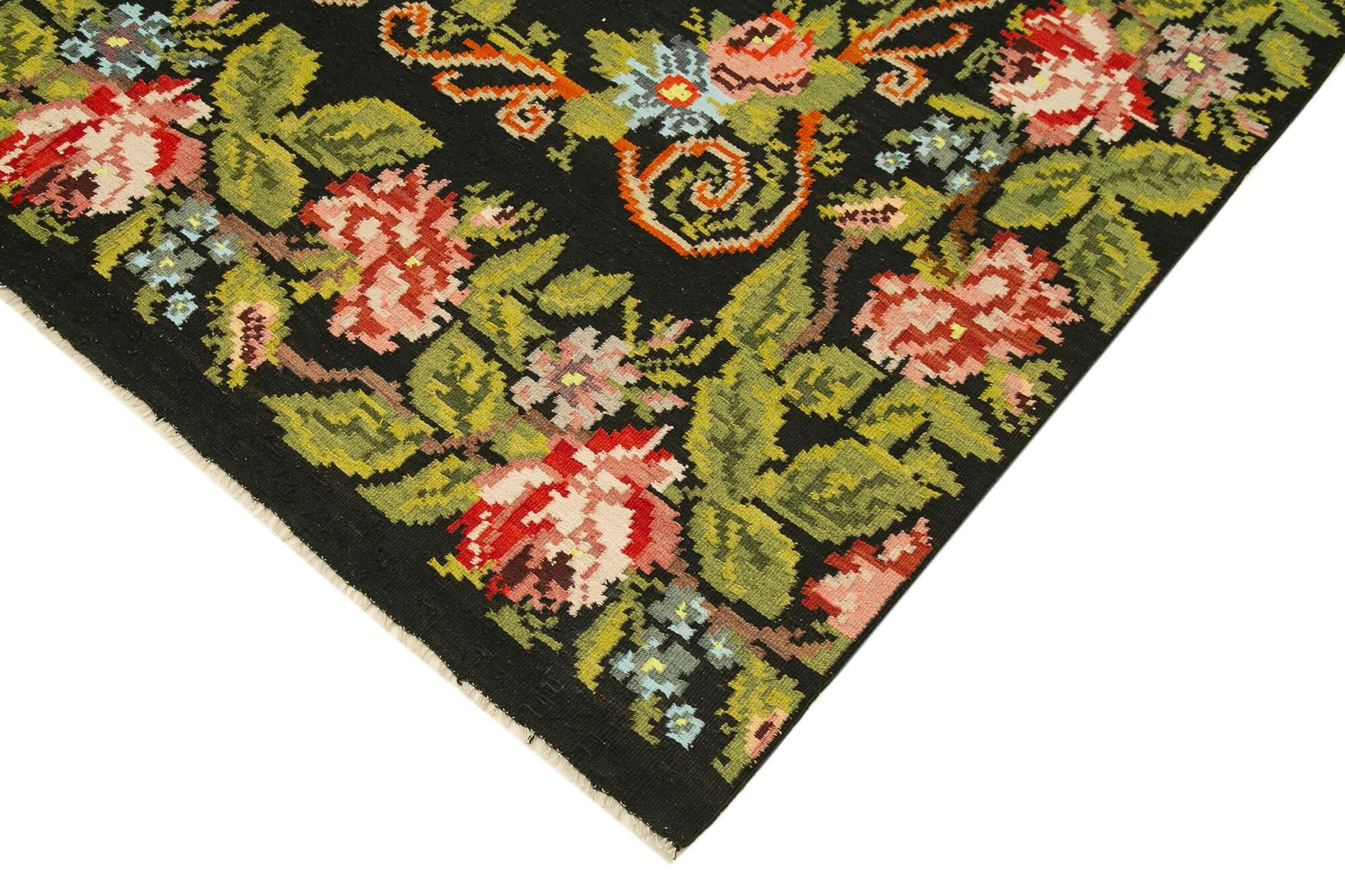 Moldovian Floral Siyah Çiçekli Pamuk Yün Keçi Tüyü El Dokuma Halısı 173x310 Agacan