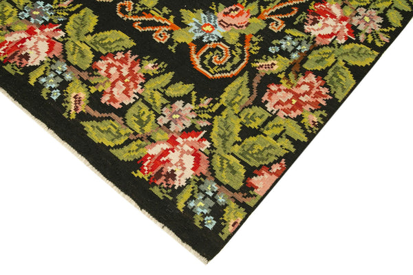 Moldovian Floral Siyah Çiçekli Pamuk Yün Keçi Tüyü El Dokuma Halısı 173x310 Agacan