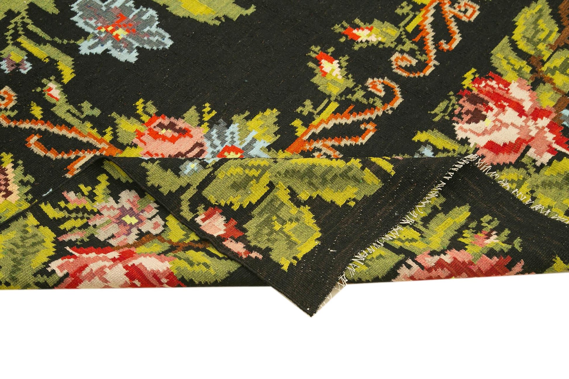 Moldovian Floral Siyah Çiçekli Pamuk Yün Keçi Tüyü El Dokuma Halısı 173x310 Agacan