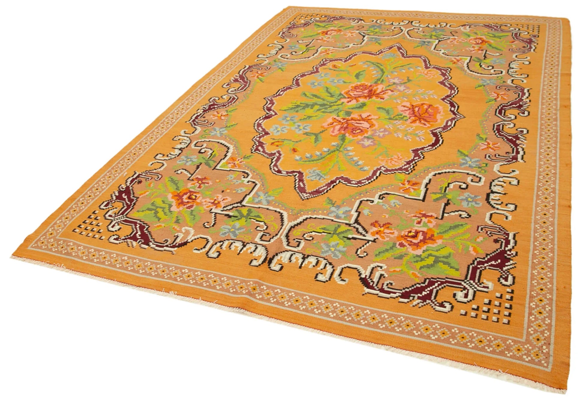 Moldovian Floral Sarı Çiçekli Pamuk Yün Keçi Tüyü El Dokuma Halısı 200x300 Agacan