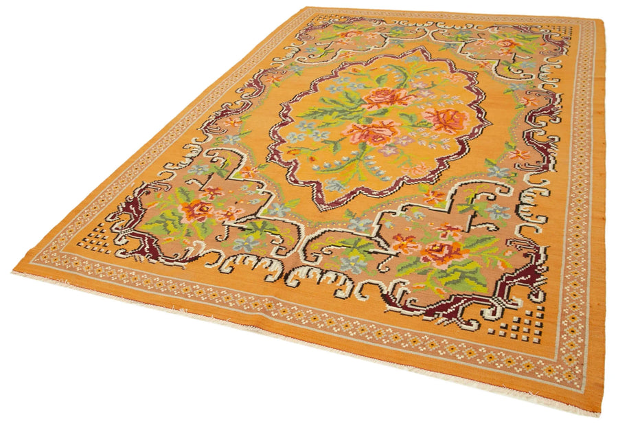Moldovian Floral Sarı Çiçekli Pamuk Yün Keçi Tüyü El Dokuma Halısı 200x300 Agacan