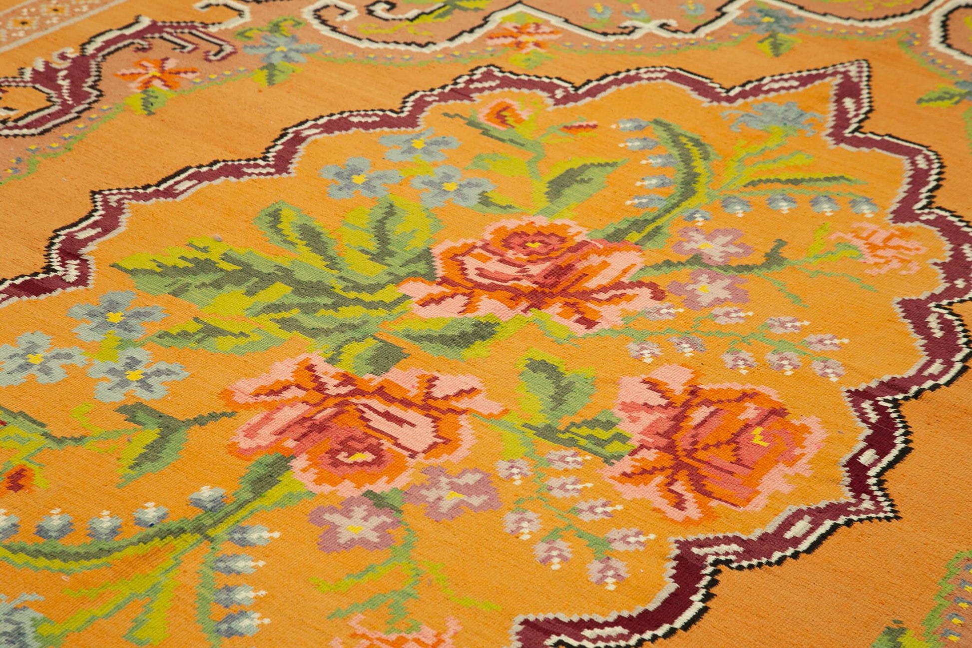 Moldovian Floral Sarı Çiçekli Pamuk Yün Keçi Tüyü El Dokuma Halısı 200x300 Agacan