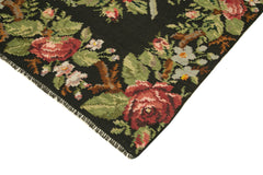 Moldovian Floral Siyah Çiçekli Pamuk Keçi Tüyü Yün El Dokuma Halısı 173x455 Agacan