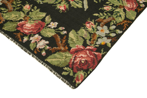 Moldovian Floral Siyah Çiçekli Pamuk Keçi Tüyü Yün El Dokuma Halısı 173x455 Agacan