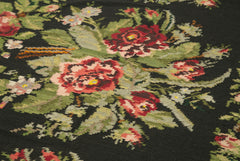 Moldovian Floral Siyah Çiçekli Pamuk Keçi Tüyü Yün El Dokuma Halısı 173x455 Agacan